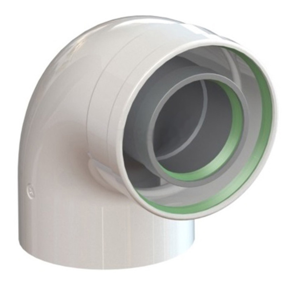 Угол коакс 90 Ф60/100(корпус - пластик) (стартовое колено-1шт) Угол коакс 90 Ф60/100(корпус - пластик) (стартовое колено-1шт)